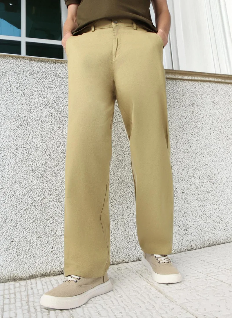 Urbano Fashion Men's Light Olive Loose Baggy Fit Solid Chino Trousers Non-Stretchable